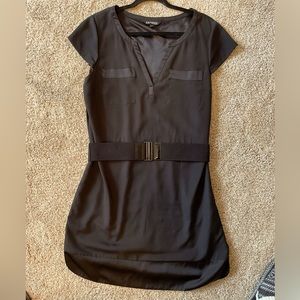 Express Short-Sleeve Silky Black Dress with Belt